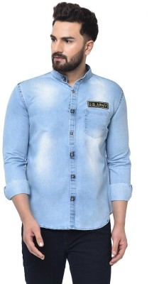 GRAND STITCH Men Washed Casual Blue Shirt