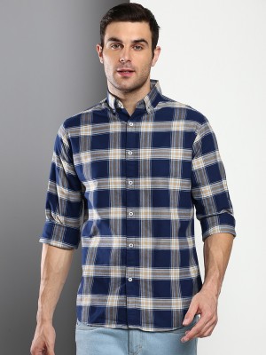 Dennis Lingo Men Checkered Casual Dark Blue Shirt