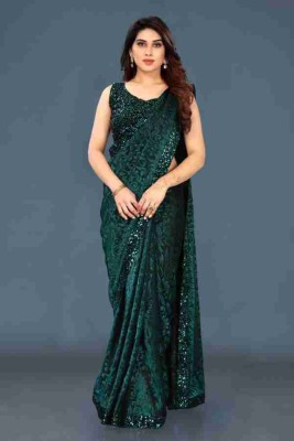 Yuvi Fab Embellished Bollywood Lycra Blend Saree(Green)