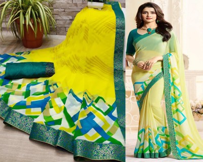 Dhandai Fashion Printed, Self Design, Embellished, Floral Print Bollywood Georgette Saree(Yellow)