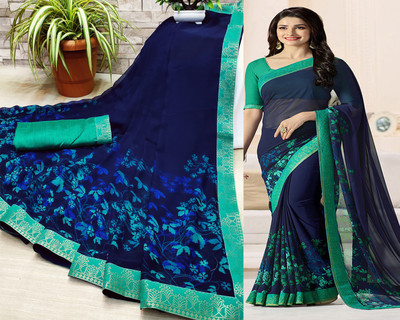 Dhandai Fashion Printed, Self Design, Embellished, Floral Print Bollywood Georgette Saree(Blue)