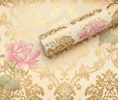 HOMEMATES 304.8 cm Gold Rose Damask Waterproof Wallpaperr for Royal Looking (304.8 x 45.72 cm) Self Adhesive Sticker(Pack of 2)