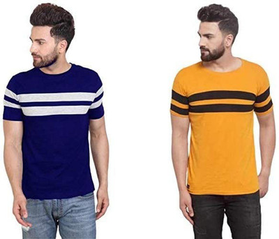 ATTITUDE START OF FASHION Printed Men Round Neck Yellow, Blue T-Shirt