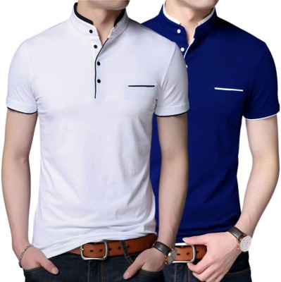 GulGuli Solid Men Mandarin Collar White, Blue T-Shirt
