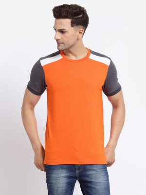 KALT Colorblock Men Round Neck Orange T-Shirt