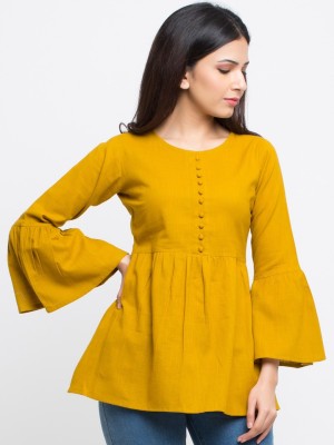 Yash Gallery Casual Bell Sleeve Solid Women Yellow Top