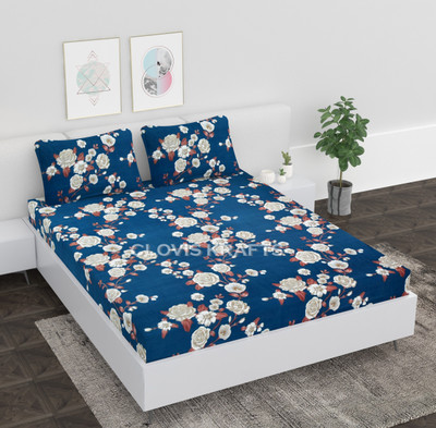 Roomesssentials 240 TC Microfiber King Printed Fitted (Elastic) Bedsheet(Pack of 1, Dark Blue)