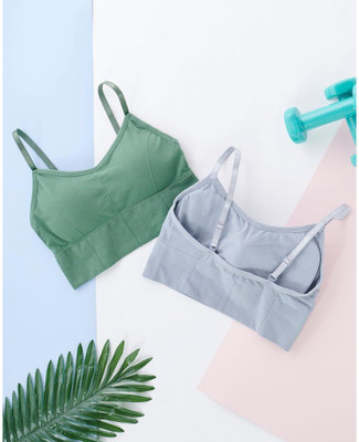 Ganesh Enterprises Women's Cotton Blend Padded With Removable Pads Wire Free Bralette Bra Women Cami Bra Lightly Padded Bra(Green, Grey)