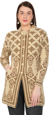 HITTIKA Printed Round Neck Casual Women Beige Sweater