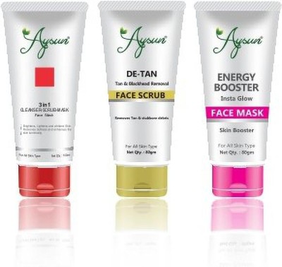 Aysun 3in1 Face wash & De-Tan Face Scrub + Energy Booster Face Mask Combo Pack of 3(3 Items in the set)