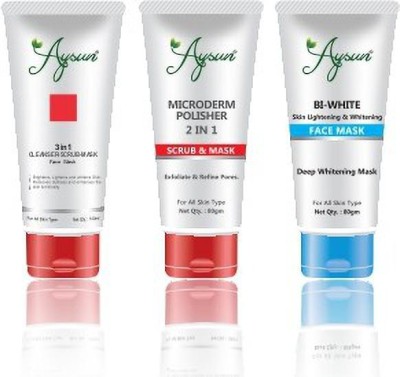 Aysun 3in1 Face wash & Microderm Polisher 2in1 Scrub-Mask + Bi-White Face Mask Combo Pack of 3(3 Items in the set)