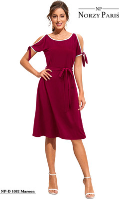 KDS Women Fit and Flare Maroon Knee Length Dress