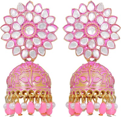 CRUNCHY FASHION Crunchy Fashion Gold-Plated Kundan Pink Floral Earring Set Alloy Jhumki Earring