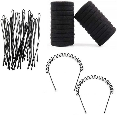 Sharum Crafts 24 Bobby Hair Pin, 20 Black Rubber Band & 2 Zig Zag Hair Band Hair Accessory Set(Black)