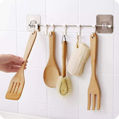 BIYALI 6 Hooks Hanger with Self Adhesive Stainless Steel Rod & Magic Sticker (1) Hook Rail 6(Pack of 1)