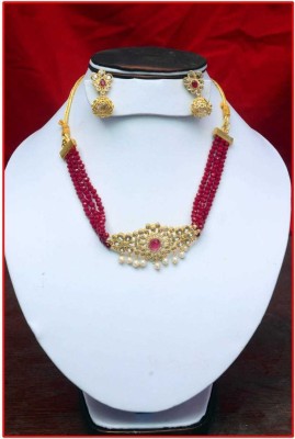 Shree Shyam Traders Brass Gold-plated Gold, Ruby Red Jewellery Set(Pack of 1)