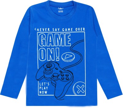 MIST N FOGG Boys Typography, Printed Cotton Blend T Shirt(Blue, Pack of 1)