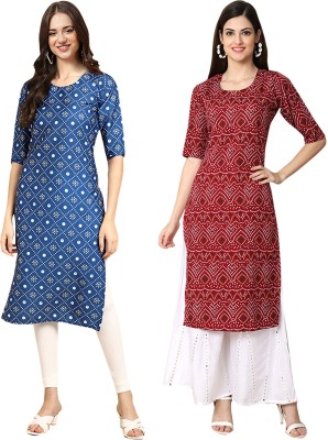 EthnicBasket Women Printed Straight Kurta(Blue, Maroon)