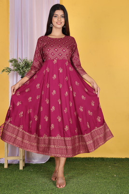 Sa Rasa Women Printed Anarkali Kurta(Pink)
