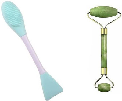 Lusty soul Natural Himalayan Jade Roller Double Sided Face Scrubber & Face Mask Applicator Soft and Flexible Massager(Blue, Green)