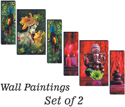 WALLMAX Pack Of 2 Set Radha krishna And Ganesh ji Digital Reprint 18 inch x 12 inch Painting(Without Frame, Pack of 6)