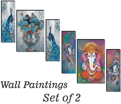 WALLMAX Pack Of 2 Set Floer And Ganesh Ji Digital Reprint 12 inch x 18 inch Painting(Without Frame, Pack of 6)