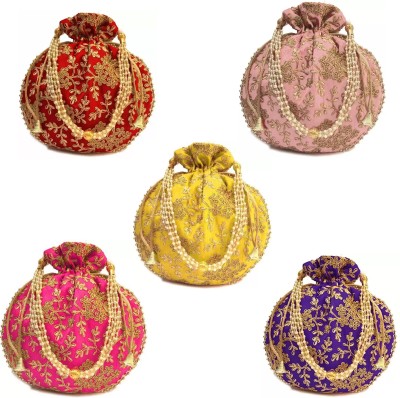 eFashionDeals Embroidery Fashionable Potli Purse Maroon, Blue, Yellow, Magenta & Pink PO5 Potli(Pack of 5)