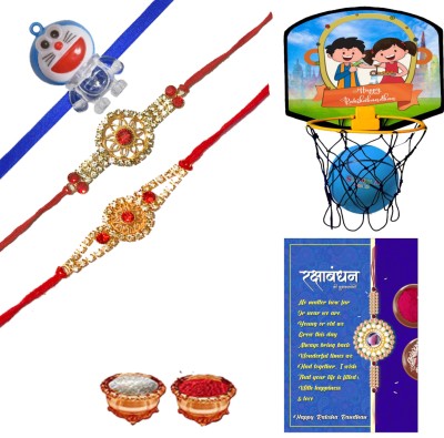 WOW SHAGUN Bhaiya Bhabhi R3-RKLEDTOYBL1 Kundan Rakhi, Chawal Roli Pack, Soft Toy, Greeting Card  Set(Exclusive Rakhi, Roli Chawal for Bhaiya Bhabhi and Kid - Set of 3)