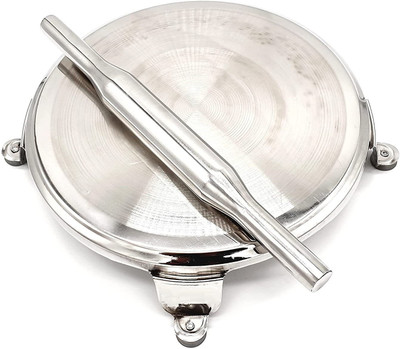 Dynore Stainless Steel Classic Heavy Chakla -Belan/Round Polpat/Roti Roller Rolling Pin & Board(Silver, Pack of 2)