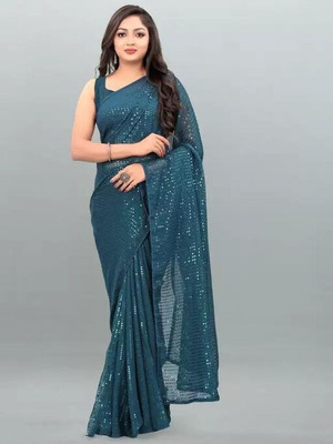 DDRS Fashion Embellished Bollywood Net Saree(Blue)