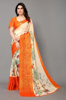 pal fashion Printed, Floral Print Daily Wear Brasso Saree(Orange)