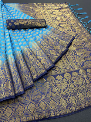 Shopya Self Design, Woven Kanjivaram Pure Silk, Art Silk Saree(Dark Blue, Light Blue)