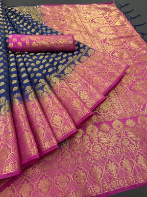 Rupatika Woven Banarasi Pure Silk, Cotton Silk Saree(Dark Blue, Pink)