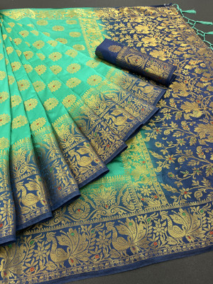 Shopya Woven Kanjivaram Pure Silk, Cotton Silk Saree(Dark Blue, Green)