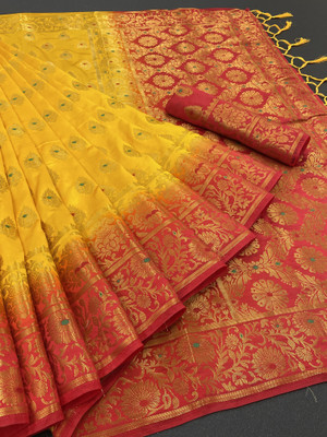 Rupatika Woven Banarasi Pure Silk, Cotton Silk Saree(Red, Yellow)