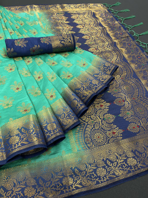Rupatika Woven Banarasi Pure Silk, Cotton Silk Saree(Dark Blue, Light Blue)