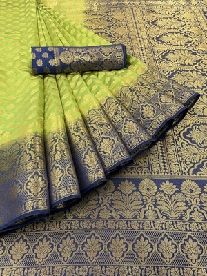 Shopya Self Design, Woven Kanjivaram Pure Silk, Art Silk Saree(Dark Blue, Light Green)
