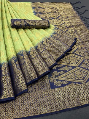 Shopya Self Design, Woven Kanjivaram Pure Silk, Art Silk Saree(Dark Blue, Light Green)