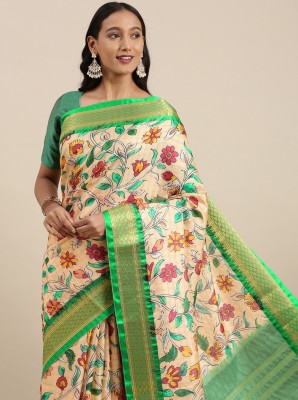 Bansari Textiles Printed Banarasi Cotton Linen, Jacquard Saree(Green)