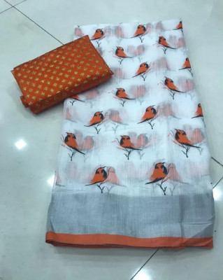 MAAFAB Printed Bollywood Chanderi Saree(White)