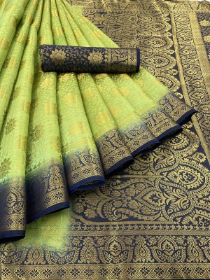 Shopya Self Design, Woven Kanjivaram Pure Silk, Art Silk Saree(Dark Blue, Light Green)