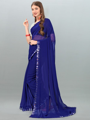 SHELDROM MART Solid/Plain Bollywood Lycra Blend Saree(Blue)