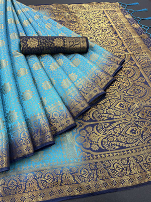 Shopya Self Design, Woven Kanjivaram Pure Silk, Art Silk Saree(Dark Blue, Light Blue)