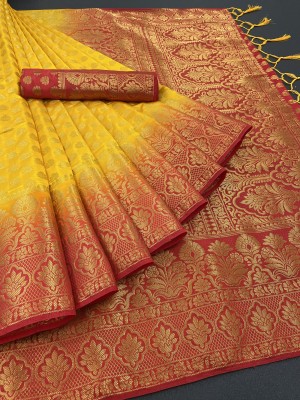 Shopya Self Design, Woven Kanjivaram Pure Silk, Art Silk Saree(Red, Yellow)