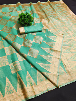 SHRIMAY Floral Print Banarasi Cotton Silk Saree(Light Blue)