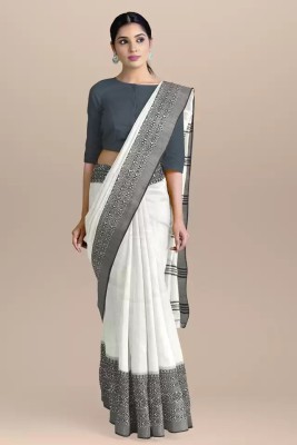 Shri Boutique Striped Daily Wear Pure Cotton Saree(White, Black)