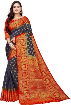 shopindiakart Woven Banarasi Cotton Silk Saree(Blue)