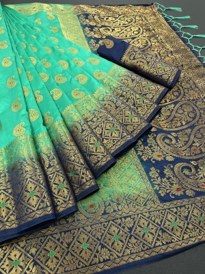 Rupatika Woven Banarasi Pure Silk, Cotton Silk Saree(Dark Blue, Green)