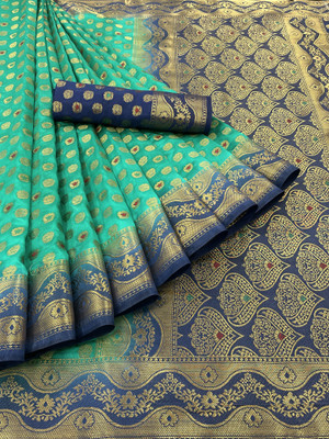 Rupatika Woven Kanjivaram Pure Silk, Cotton Silk Saree(Dark Blue, Green)