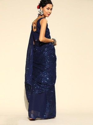 JAY RAMDEV FASHION Embroidered Bollywood Georgette Saree(Blue)